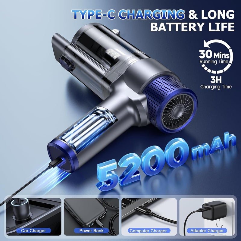 JONYJ Handheld Car Vacuum Cleaner Cordless, 16000PA Hand Held Vacuum Portable, 2 in 1 Air Duster and Mini Vacuum Cleaner Rechargeable with Led, Multi-Nozzles & Washable Filters for Home Office Car Pet - Image 5